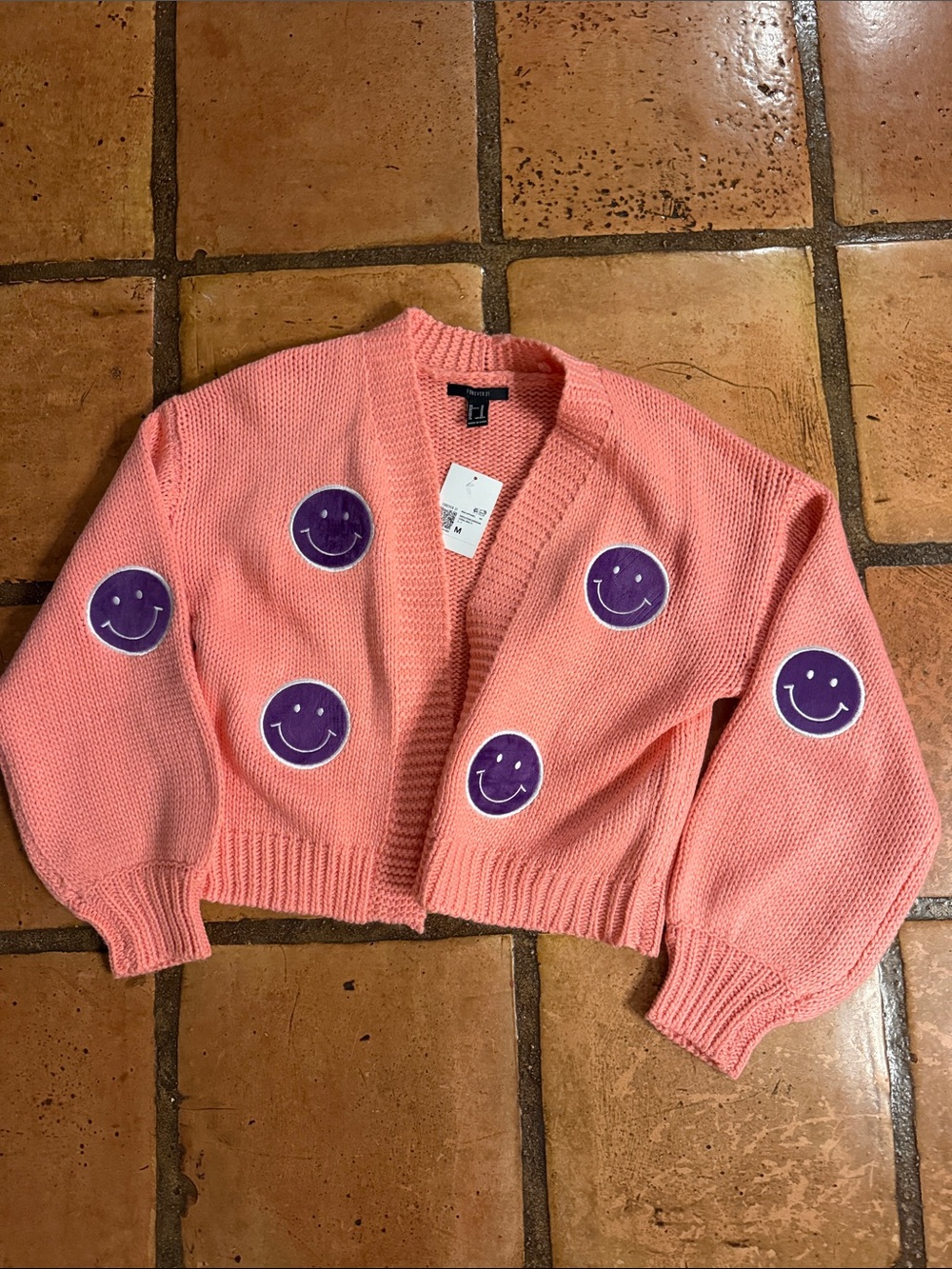 Forever 21 Coral Pink Cardigan with Purple Smiley Patches